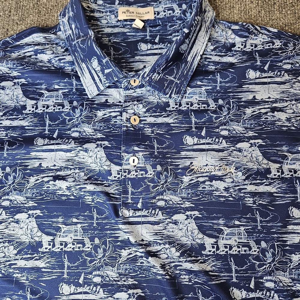 Peter Millar Summer Comfort Polo Shirt Size XXL Camping Print Blue Shadow Creek